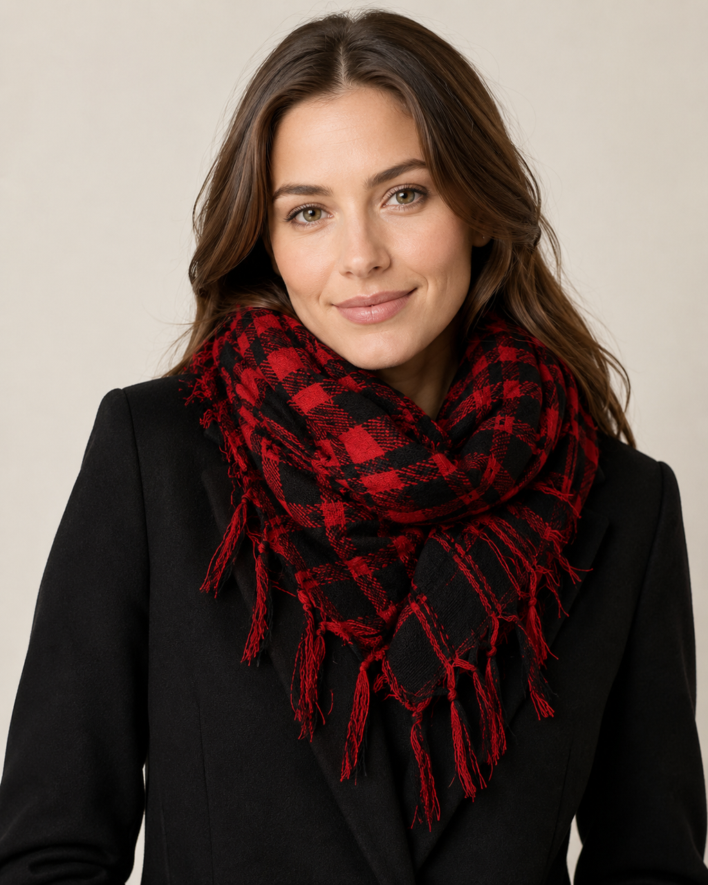 Red and Black Plaid Fringe Scarf